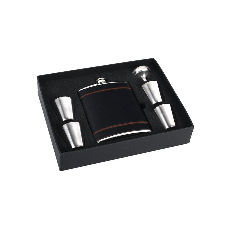 Taschenflasche/Flachmann Edelstahl Leder schwarz 7oz Geschenkset