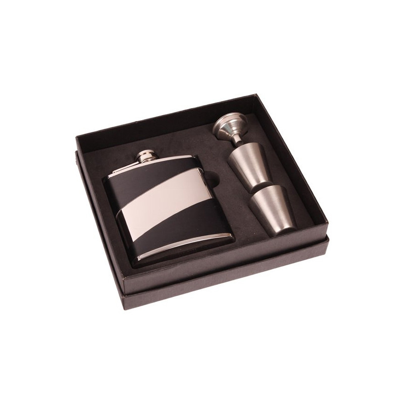 Taschenflasche/Flachmann Edelstahl schwarz 6oz Geschenkset